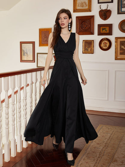Sleeveless Wide-Leg Jumpsuit with V-Neck and Ruched Waist