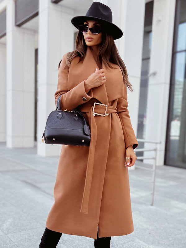 Maxi Wrap Coat with V-Neck and Belted Waist