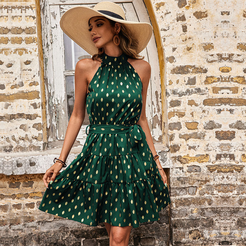 Gold Foil Print Tiered A-Line Dress with Halter Neck and Tie Waist