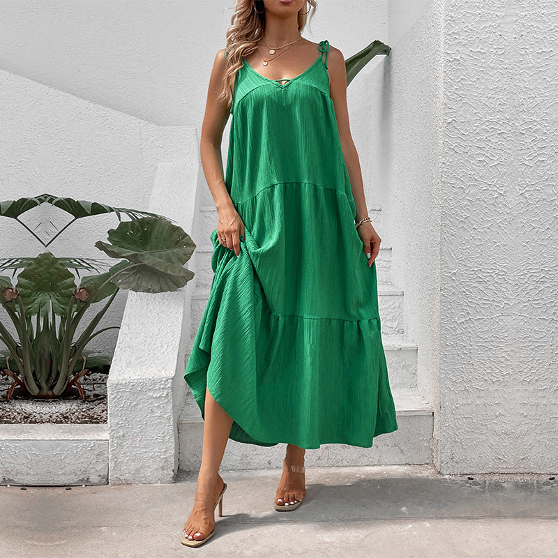 Solid Tiered Maxi Dress with Tie-Shoulder Straps