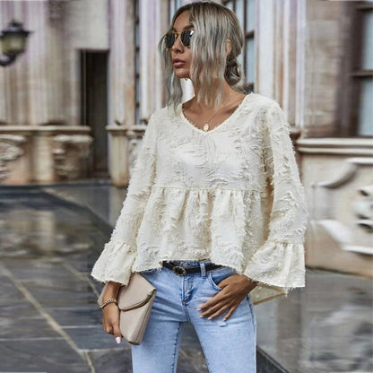 Peplum Blouse with Feather Cut Texture and V-Neck