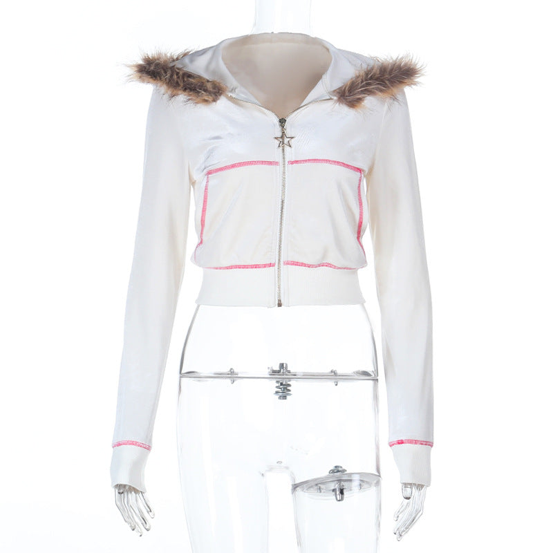 Slim Fit Zip-Up Hoodie with Faux Fur Trim and Contrast Piping