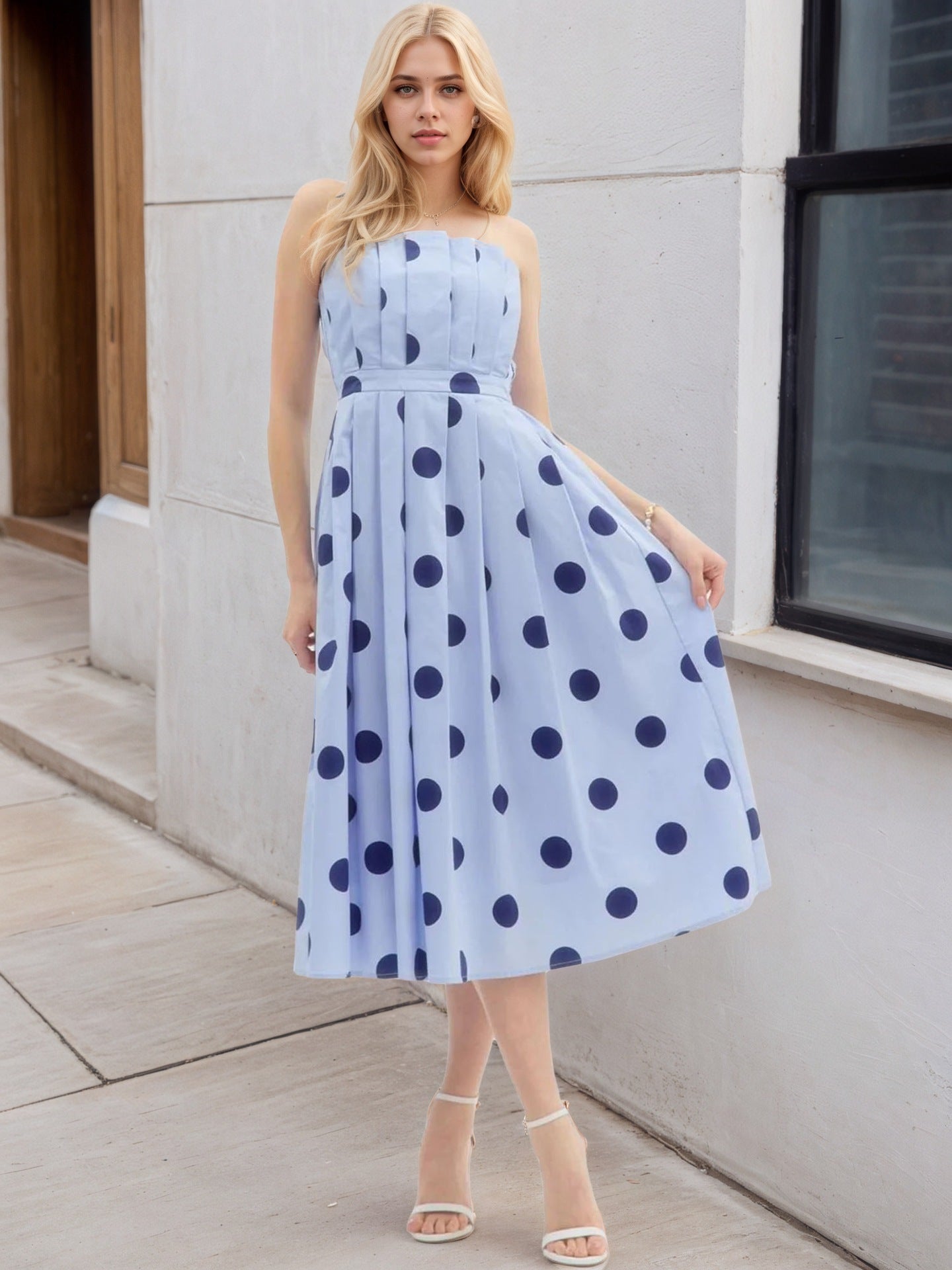 Polka Dot A-Line Midi Dress with Strapless Neckline