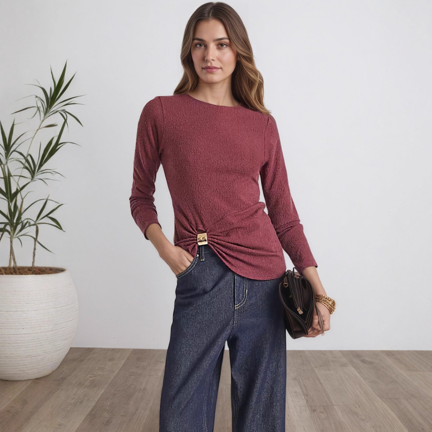 Shimmer Round Neck Top with Draped Metal Ring Buckle