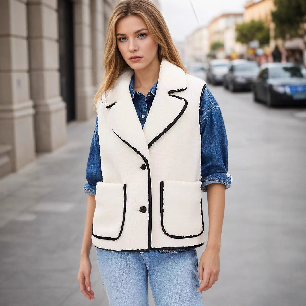 Faux Shearling Vest with Lapel Collar and Black Piping