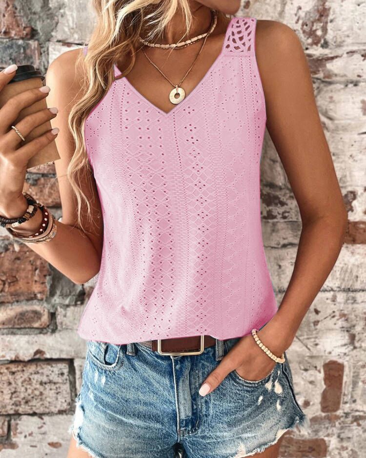 Solid V-Neck Tank Top with Crochet Lace Back