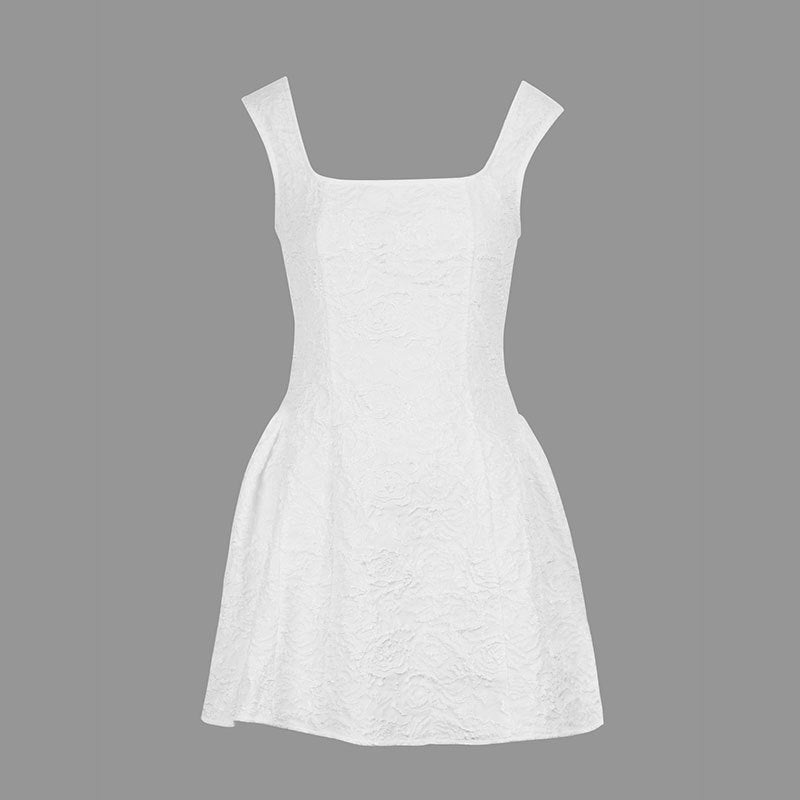 Sleeveless Jacquard Mini Dress with Square Neck and Puff Skirt