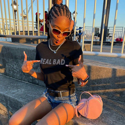 Diamond Letter Cropped T-Shirt with Round Neck