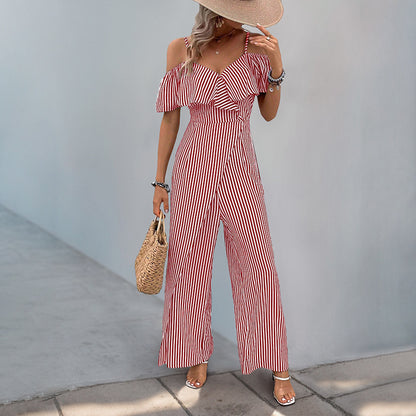 Wide-Leg Striped Jumpsuit with Off-Shoulder Ruffle