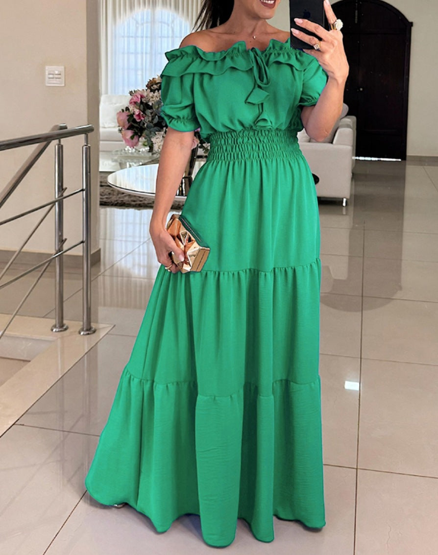 Tiered Maxi Dress with Off-Shoulder Ruffle Neck and Shirred Waist
