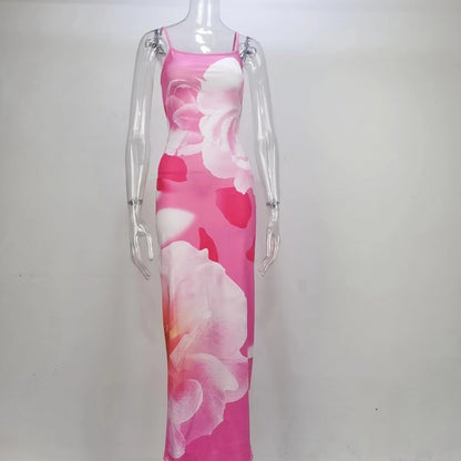 Floral Print Bodycon Maxi Dress with Backless Detail
