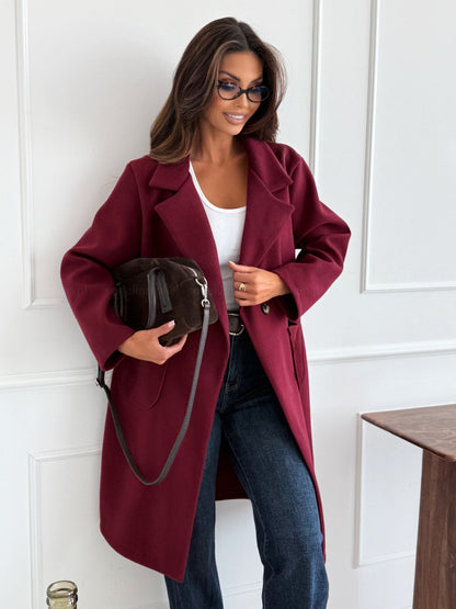 Solid Mid-Length Coat with Notched Lapel and Patch Pockets