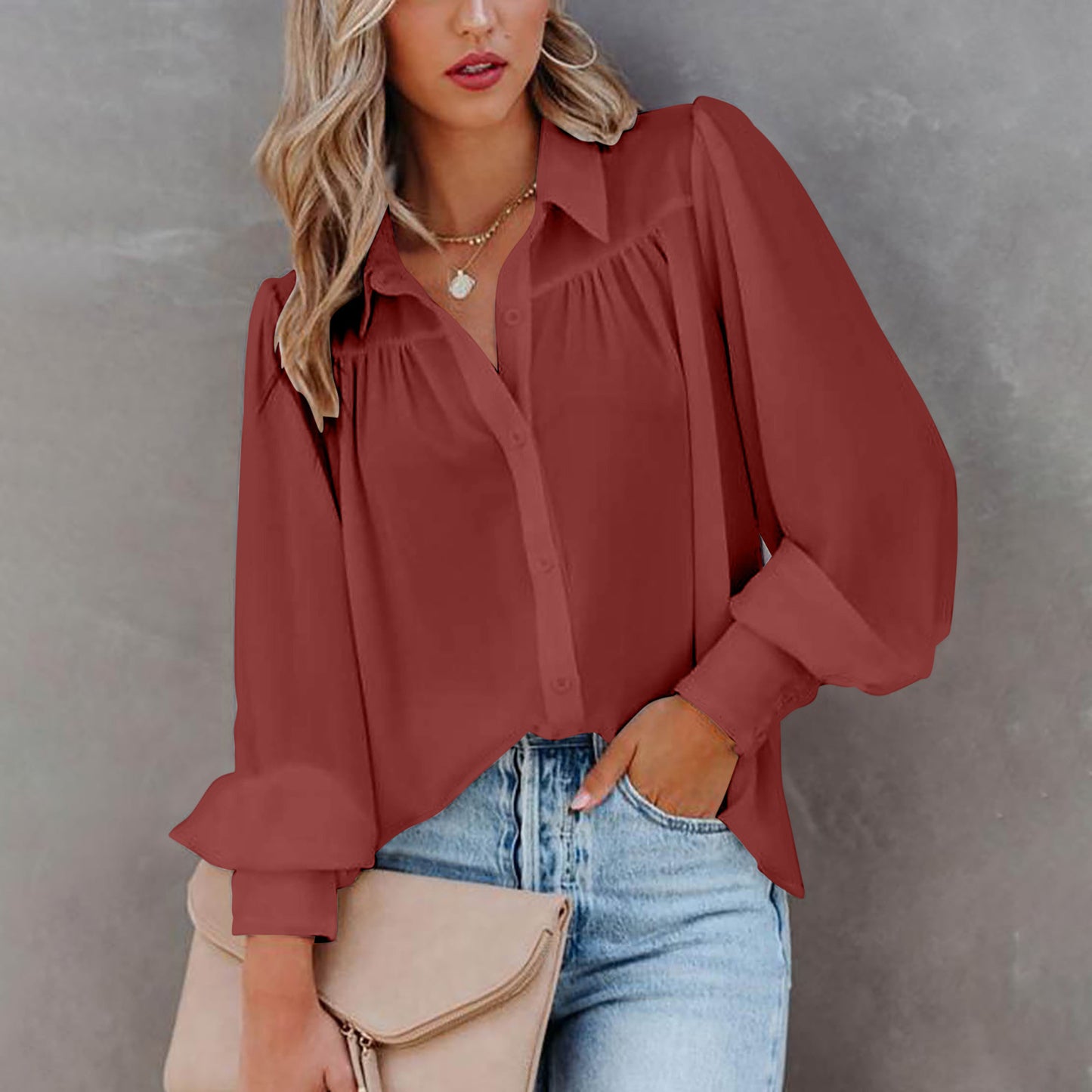 Solid Button-Down Blouse with Pleated Yoke and Lantern Sleeves