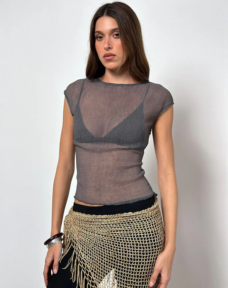 Slim Fit Sheer Lace Top with Cap Sleeves