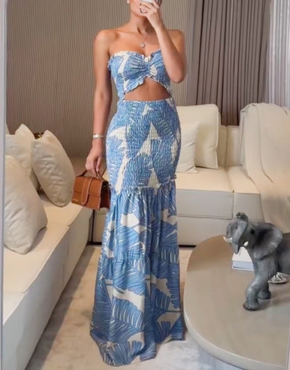 Tropical Leaf Print Bandeau Top and Smocked Maxi Skirt Set