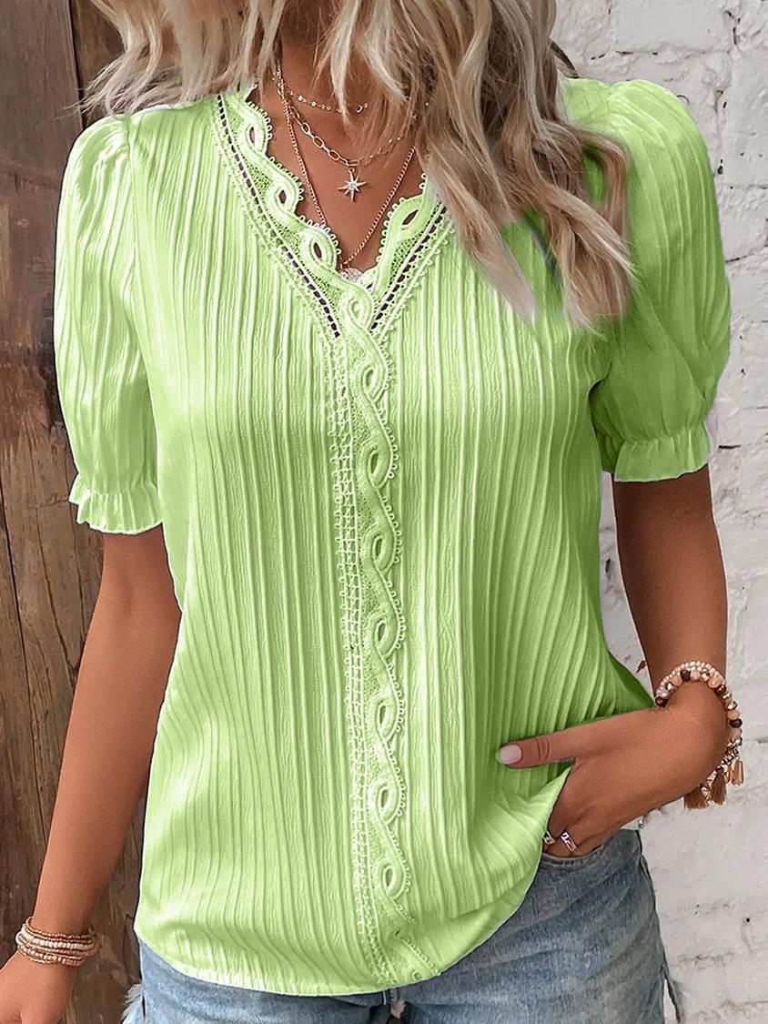 Pleated Short-Sleeve Blouse with Lace V-Neck