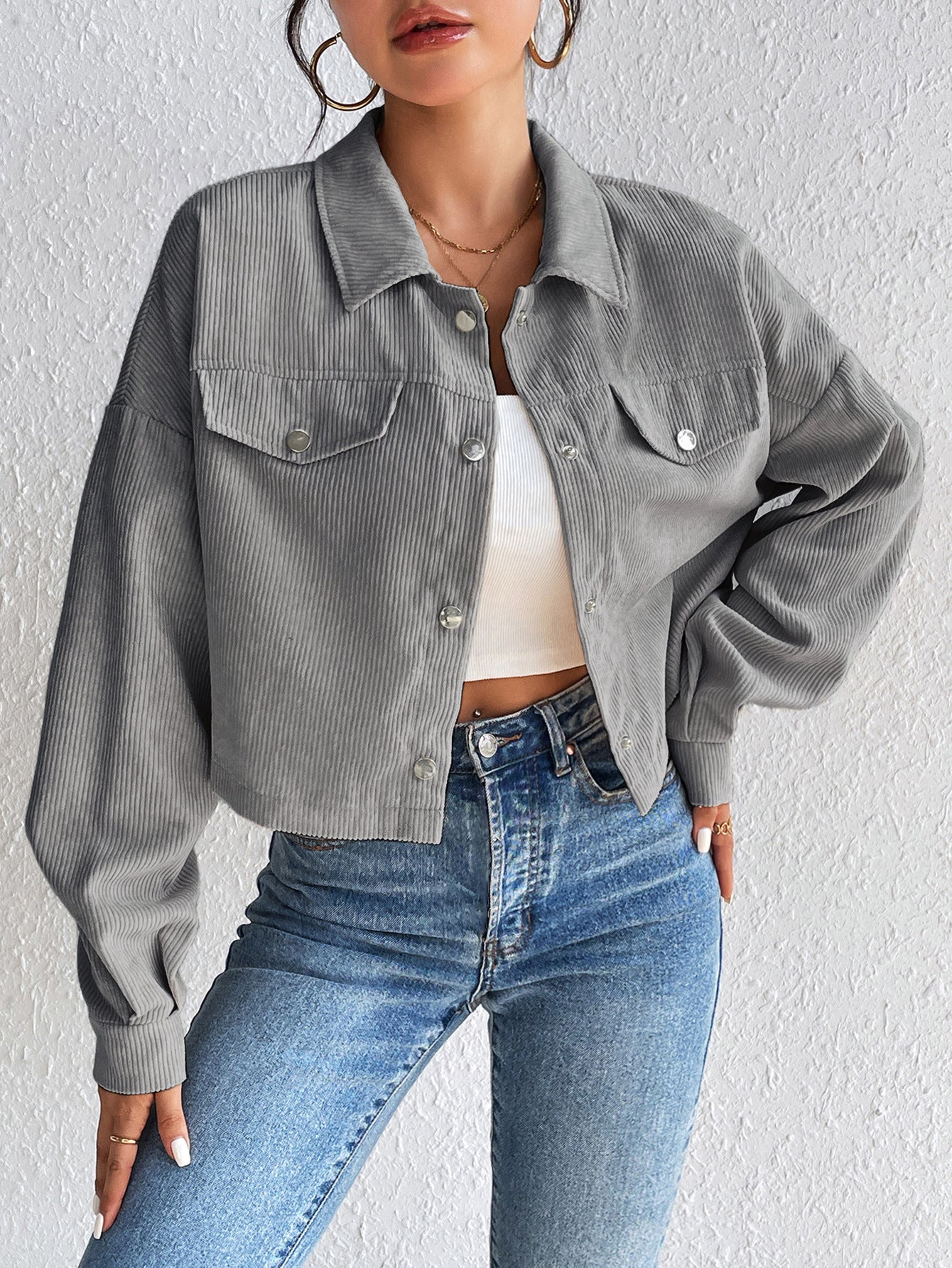 Cropped Corduroy Jacket with Button Front and Chest Pockets