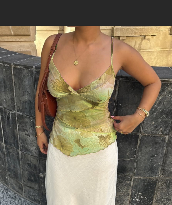 Floral Mesh Camisole with V-Neck and Tiered Ruffles