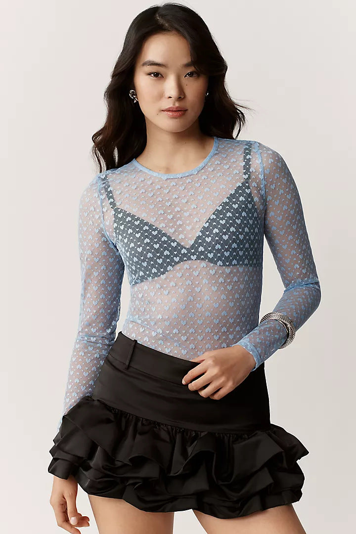Heart Print Sheer Mesh Top with Crew Neck and Long Sleeves