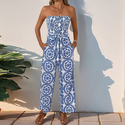 Ethnic Print Strapless Wide-Leg Jumpsuit with Tie-Waist