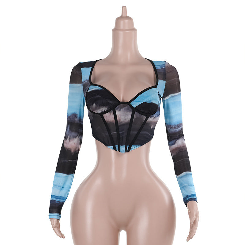 Abstract Print Mesh Corset Top with Boning and Long Sleeves
