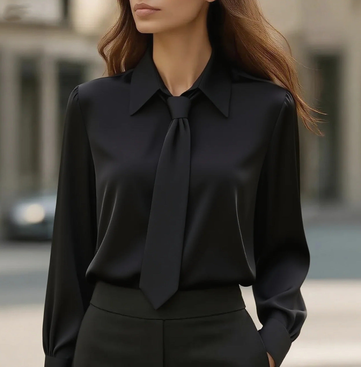 Solid Color Long-Sleeve Blouse with Neck Tie