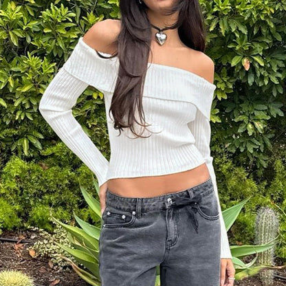 Ribbed Knit Cropped Sweater with Off-Shoulder Neckline