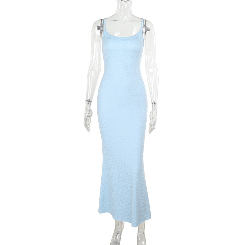 Rhinestone-Embellished Bodycon Maxi Dress with Spaghetti Straps