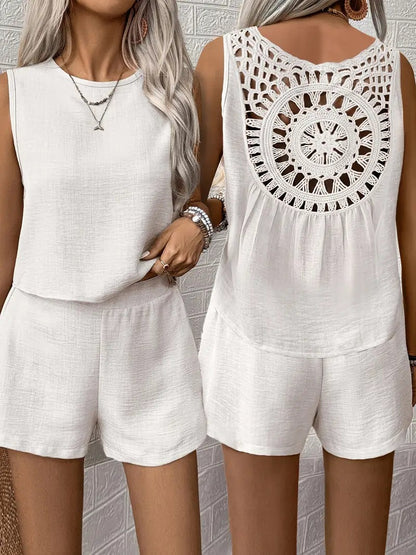 Solid Color Sleeveless Shorts Set with Hollow Lace Back