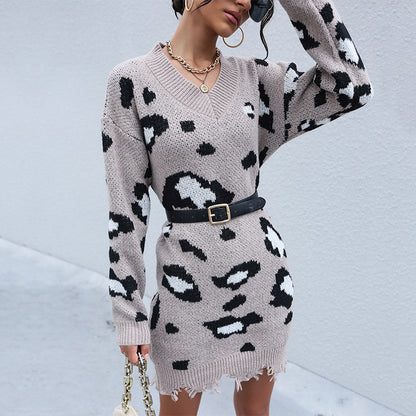 Leopard Print V-Neck Sweater Dress with Distressed Hem