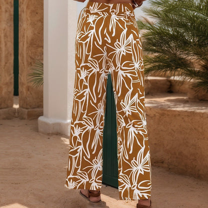 Tropical Print Wide-Leg Pants with High Waist