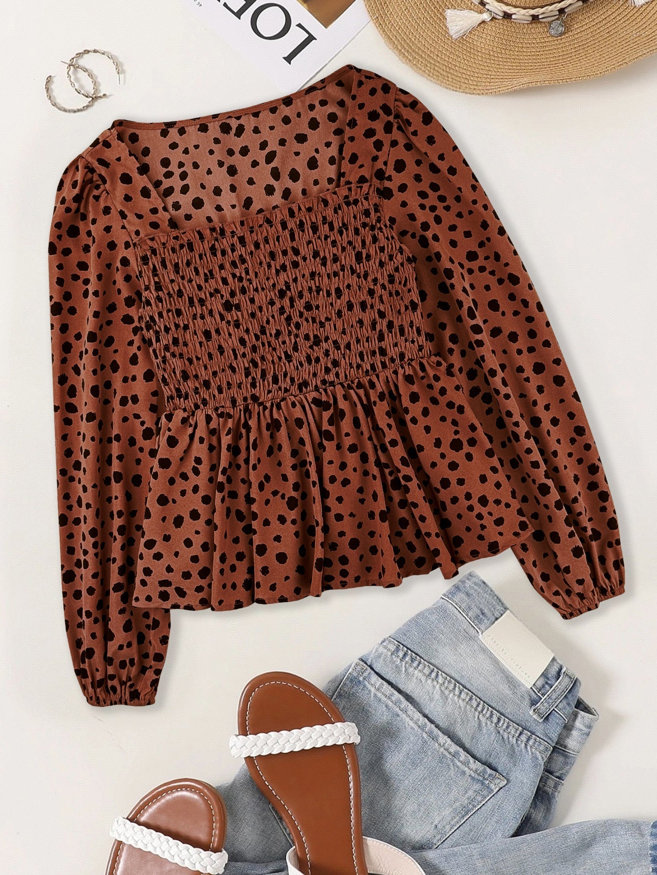 Polka Dot Peplum Blouse with Square Neck and Smocked Bodice