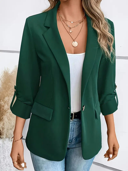 Solid Blazer with Notched Lapel and Rolled Sleeves