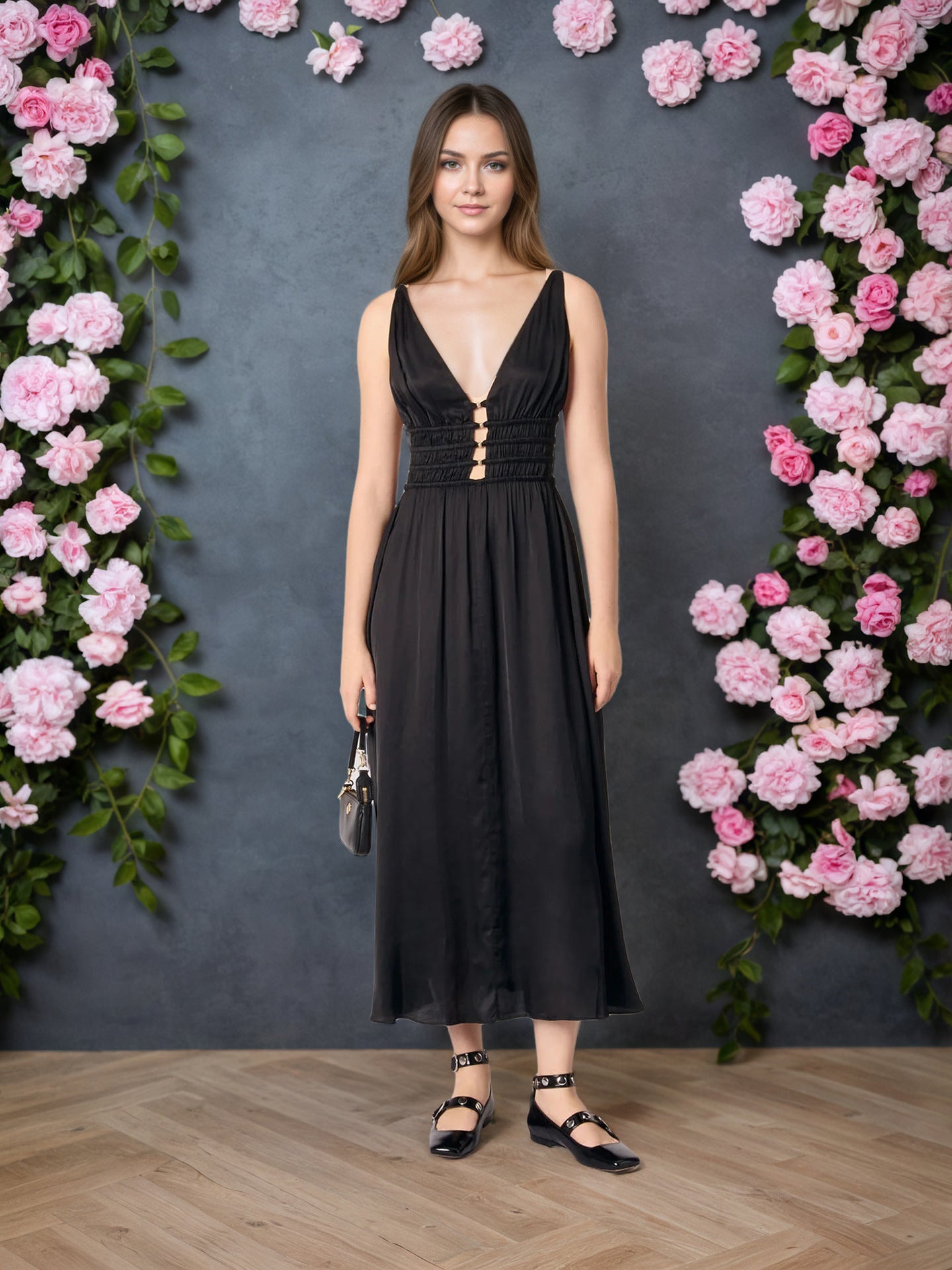 A-Line Maxi Dress with Deep V-Neck and Ruched Waist
