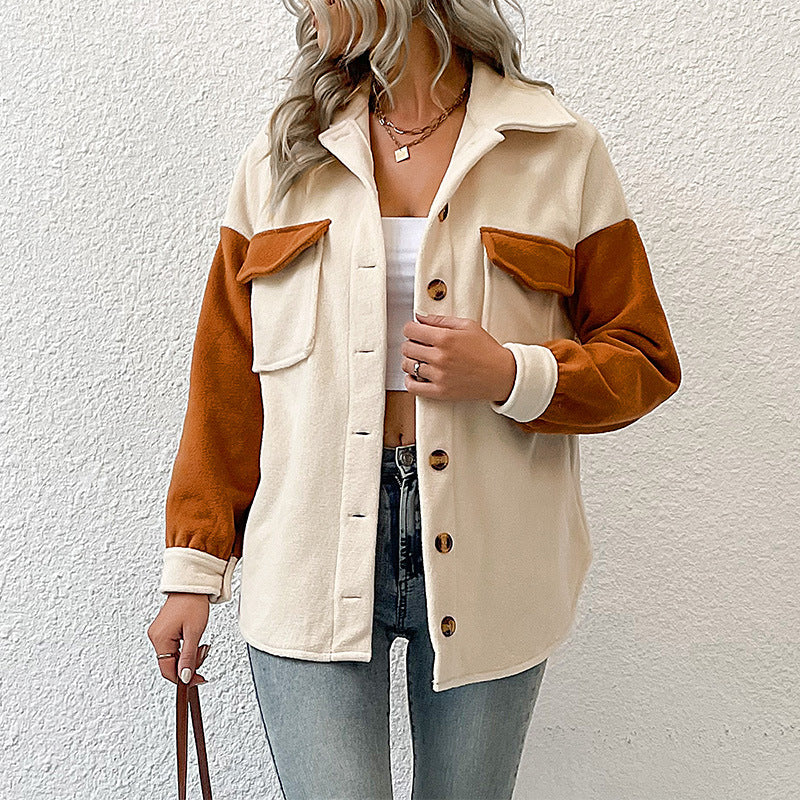 Color-blocked Fleece Shacket with Lapel Collar and Chest Pockets