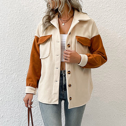 Color-blocked Fleece Shacket with Lapel Collar and Chest Pockets