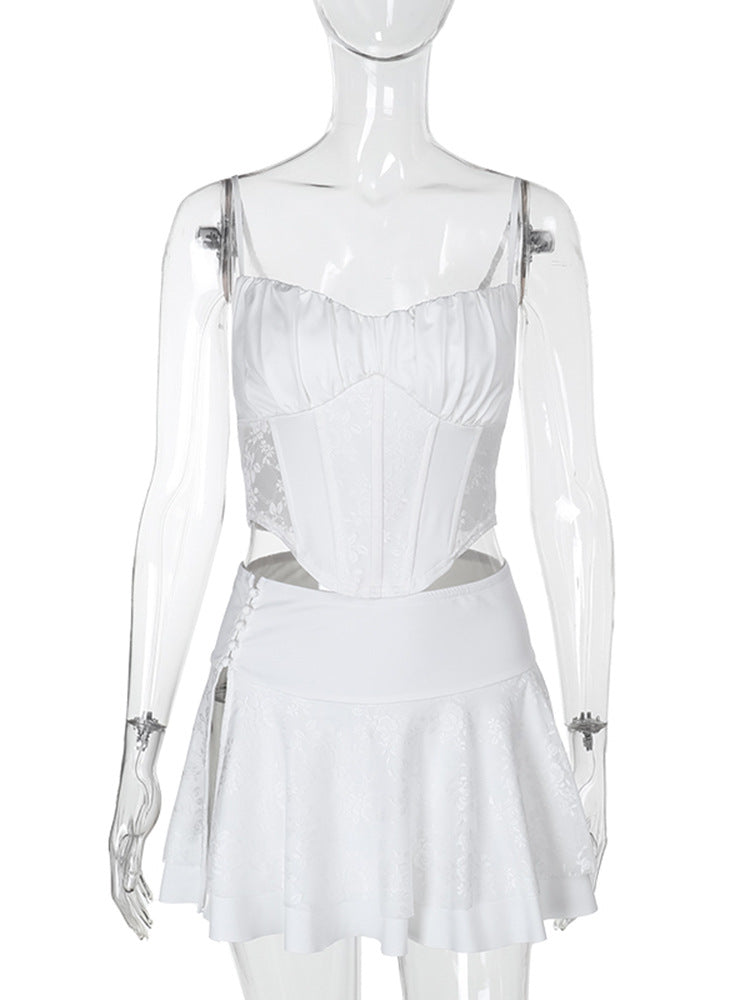 Lace Patchwork Corset Top and High-Waist Split Mini Skirt