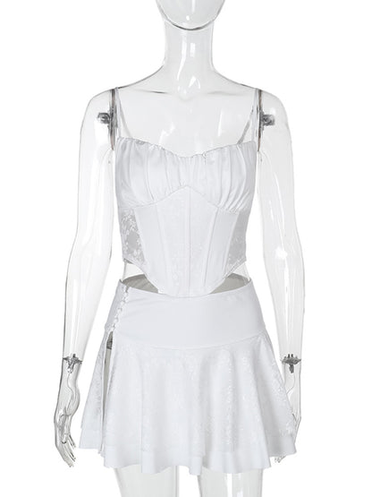 Lace Patchwork Corset Top and High-Waist Split Mini Skirt