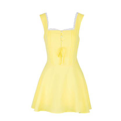 A-Line Mini Dress with Lace Trim Square Neck & Tie Front
