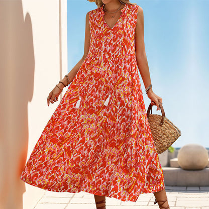 Abstract Print Tiered Midi Dress with Tassel V-Neck