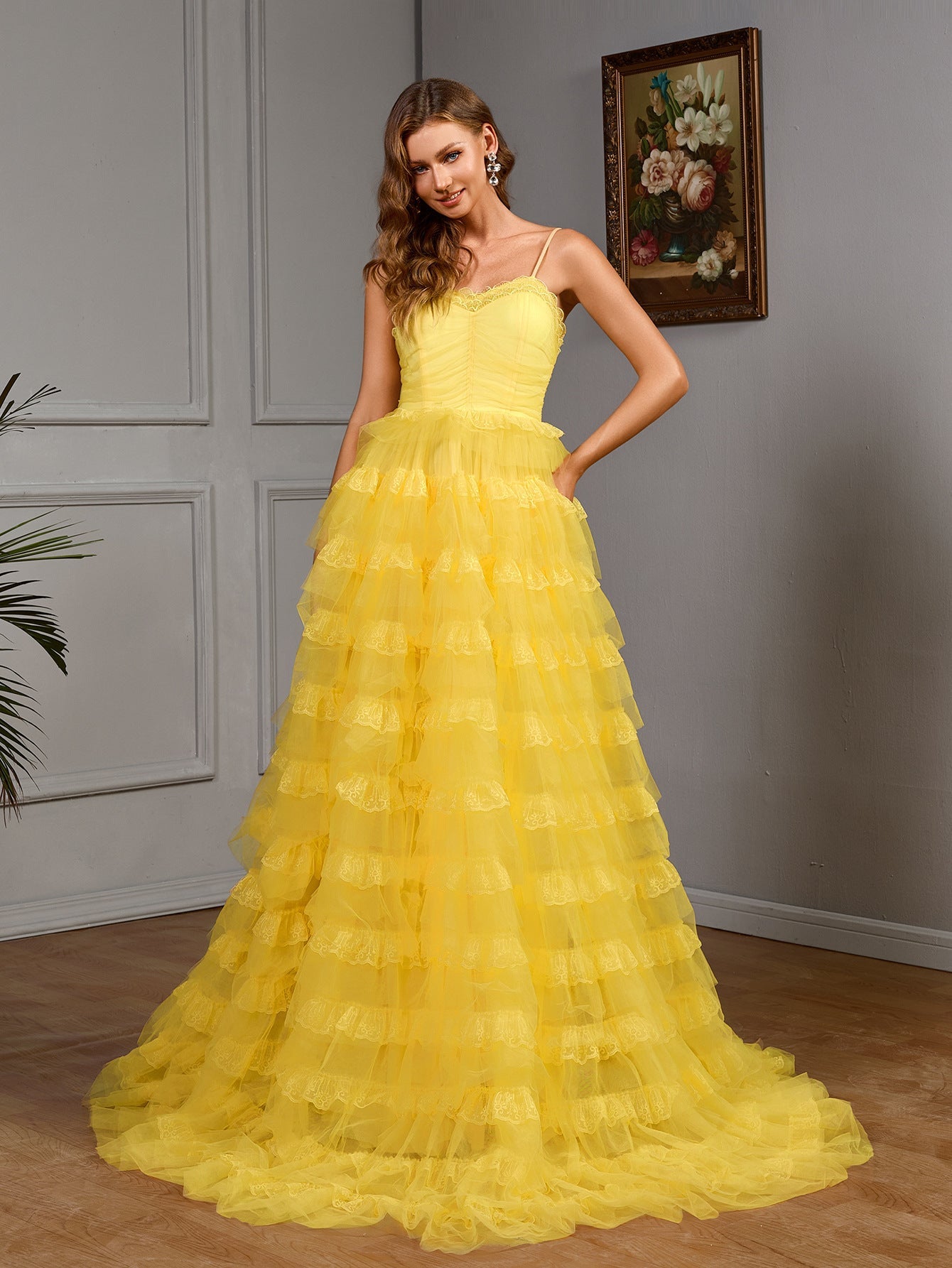 Solid Spaghetti Strap Gown with Tiered Ruffle Skirt