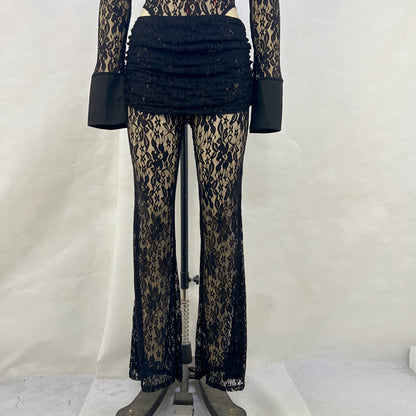 Sheer Lace Two-Piece Set with Flared Trousers and V-Neck Top