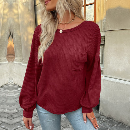 Waffle Knit Top with Lantern Sleeves and Strappy Back