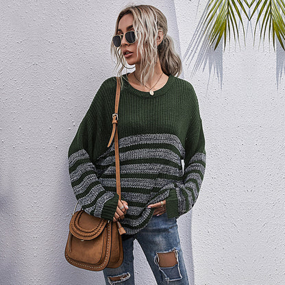 Loose Striped Knit Pullover with Crew Neck