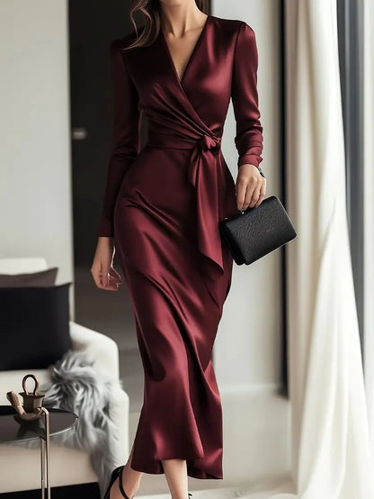 Satin V-Neck Wrap Midi Dress with Long Sleeves and Tie Waist