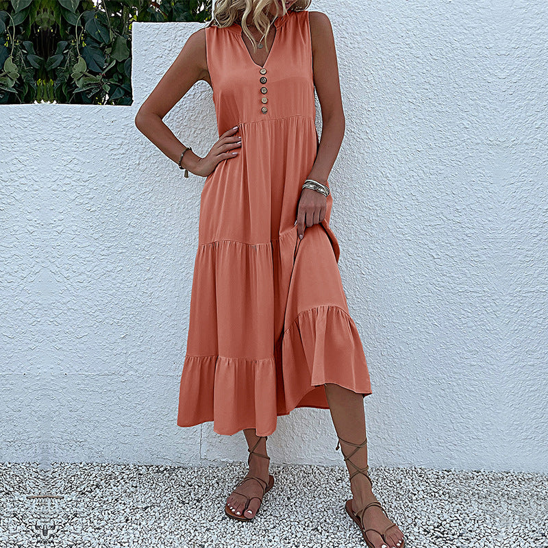 Solid A-Line Tiered Midi Dress with V-Neck and Sleeveless