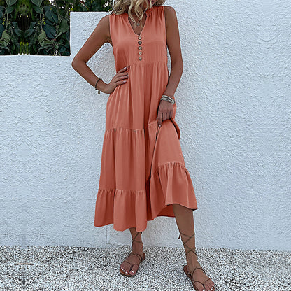 Solid A-Line Tiered Midi Dress with V-Neck and Sleeveless