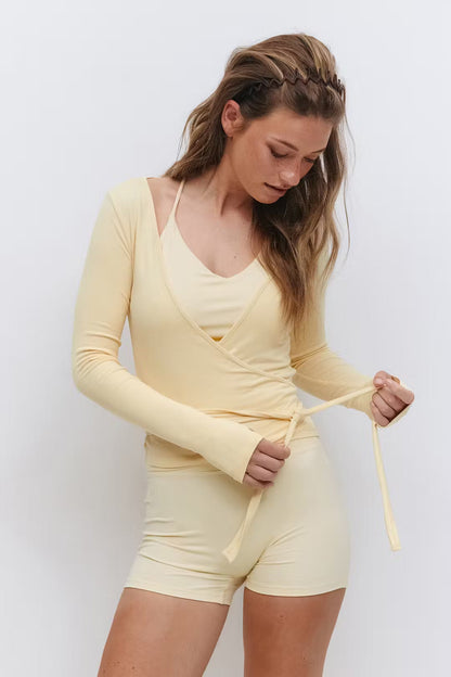 Slim Fit Wrap Top with V-Neck and Raglan Sleeves