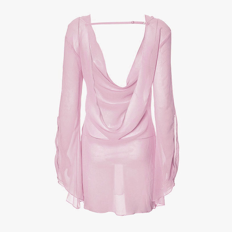 Sheer Bodycon Mini Dress with Cowl V-Neck and Backless Detail