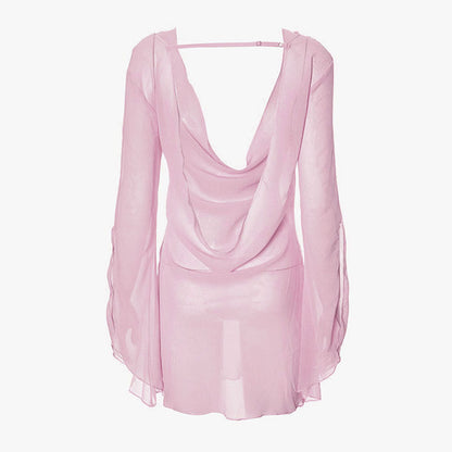 Sheer Bodycon Mini Dress with Cowl V-Neck and Backless Detail